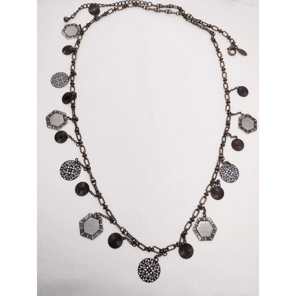Chico's Necklace Silver Tone Embossed Charms Long 40" - Picture 2 of 5